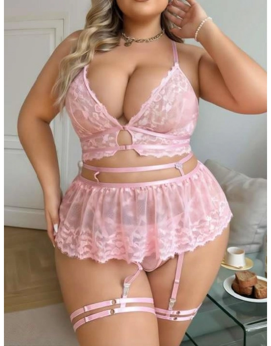 Büyük Beden Pembe Dantel İşlemeli Jartiyer Takımı