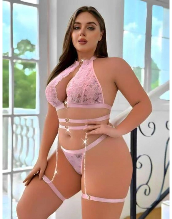 Büyük Beden Pembe Dantel İşlemeli Zincir Detaylı Jartiyer Takımı