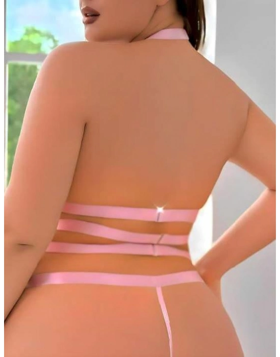 Büyük Beden Pembe Dantel İşlemeli Zincir Detaylı Jartiyer Takımı