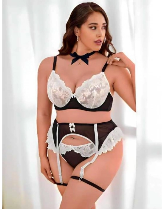 Büyük Beden Siyah Beyaz Dantel İşlemeli Fantezi Jartiyer Takımı