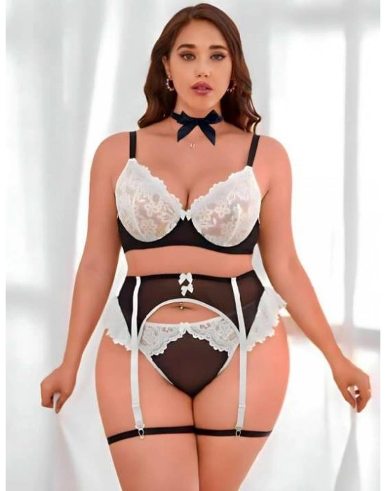 Büyük Beden Siyah Beyaz Dantel İşlemeli Fantezi Jartiyer Takımı