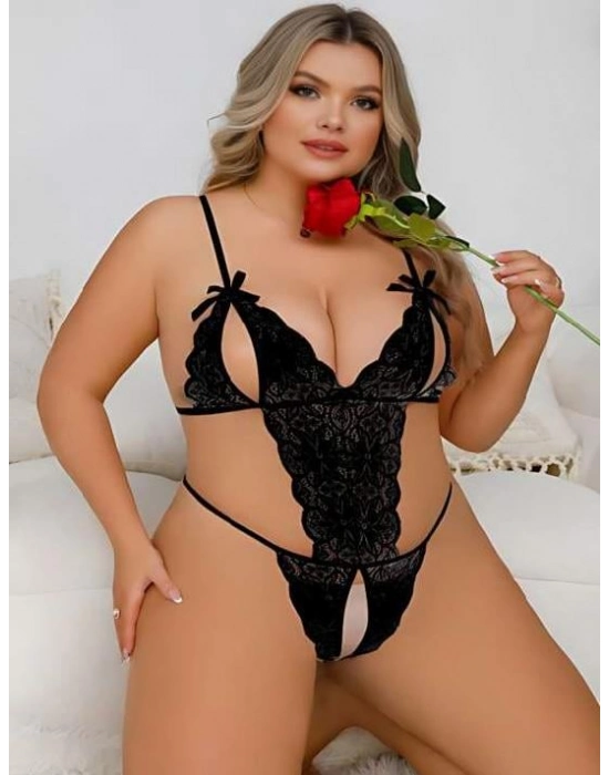 Büyük Beden Siyah Dantel İşlemeli Dekolteli Fantezi Babydoll