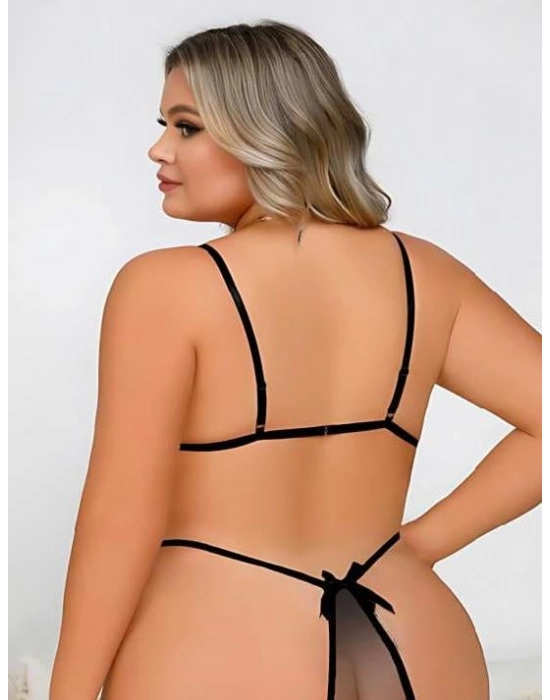 Büyük Beden Siyah Dantel İşlemeli Dekolteli Fantezi Babydoll