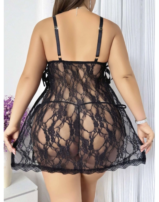 Büyük Beden Siyah Dantel İşlemeli Fantezi Tül Gecelik