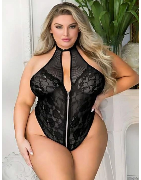 Büyük Beden Siyah Dantel İşlemeli Fermuarlı Fantezi Babydoll