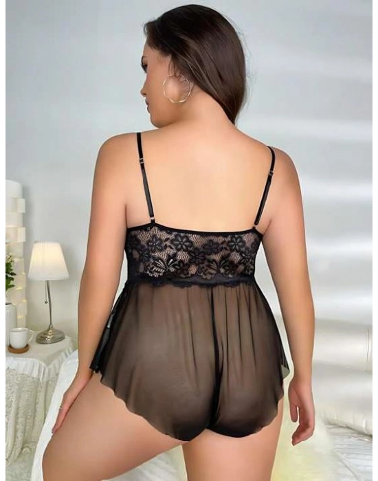 Büyük Beden Siyah Dantel İşlemeli Fırfırlı Fantezi Babydoll