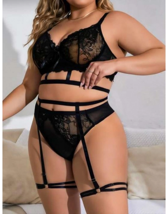 Büyük Beden Siyah Dantel İşlemeli İpli Fantezi Jartiyer Takımı