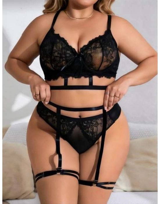 Büyük Beden Siyah Dantel İşlemeli İpli Fantezi Jartiyer Takımı