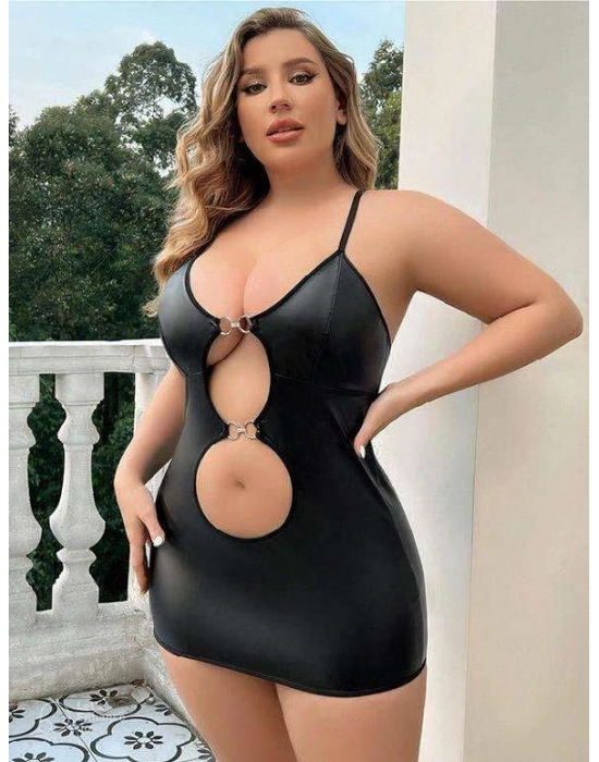 Büyük Beden Siyah Deri Metal Aksesuarlı Fantezi Elbise