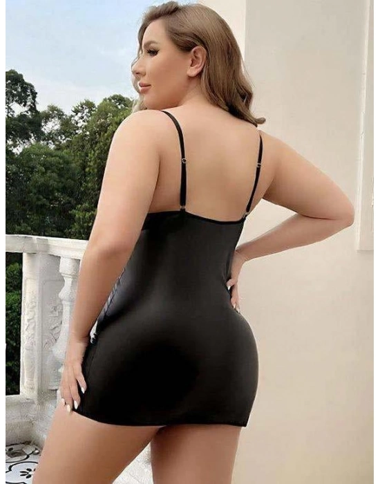 Büyük Beden Siyah Deri Metal Aksesuarlı Fantezi Elbise