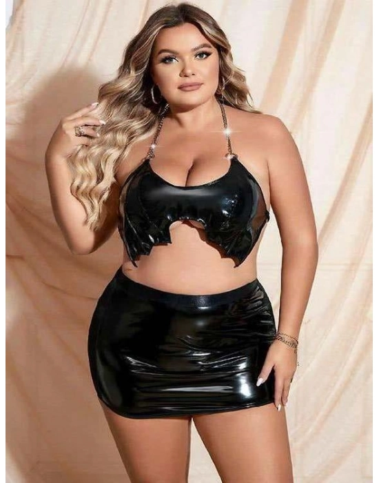 Büyük Beden Siyah Deri Zincir Detaylı Etekli Fantezi Takım