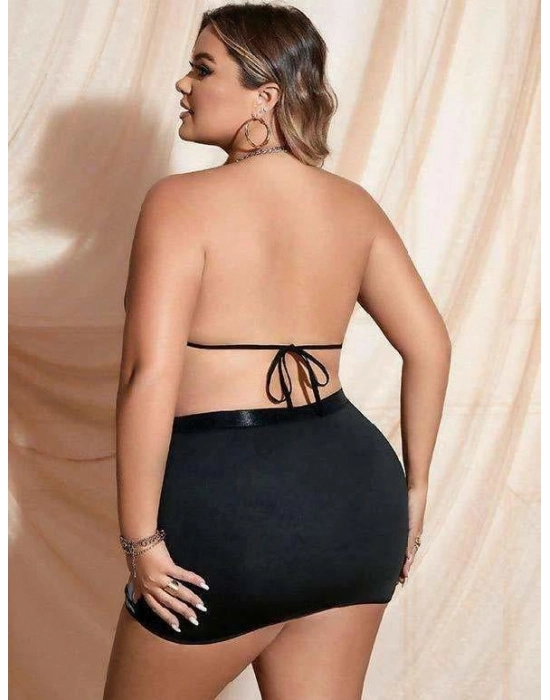 Büyük Beden Siyah Deri Zincir Detaylı Etekli Fantezi Takım