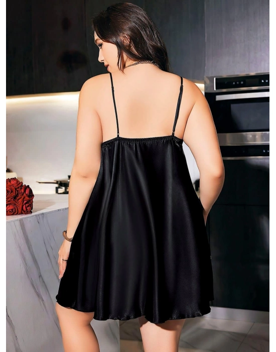 Büyük Beden Siyah Kelebek Desenli İnce Askılı Saten Gecelik