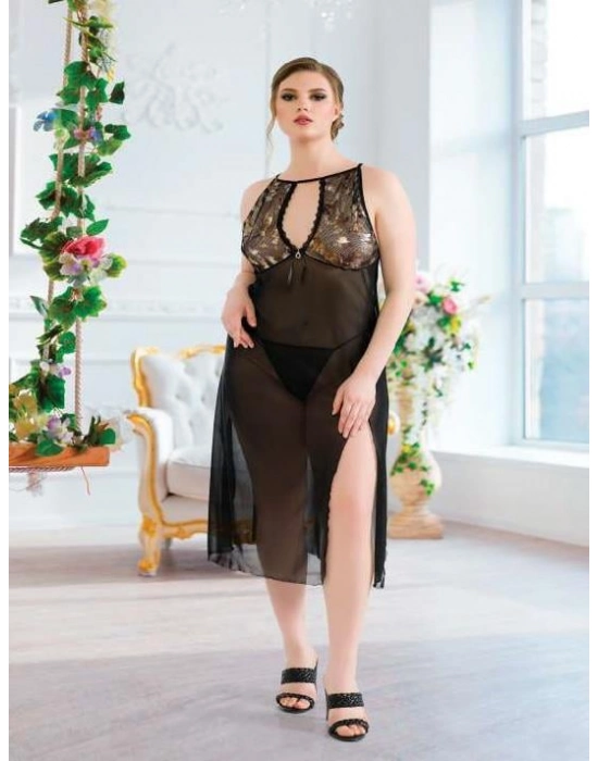 Büyük Beden Siyah Tül Fantezi Uzun Yırtmaçlı Gecelik