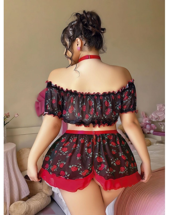 Büyük Beden Siyah Üstüne Gül Desenli Fantezi Etekli Büstiyer Takımı
