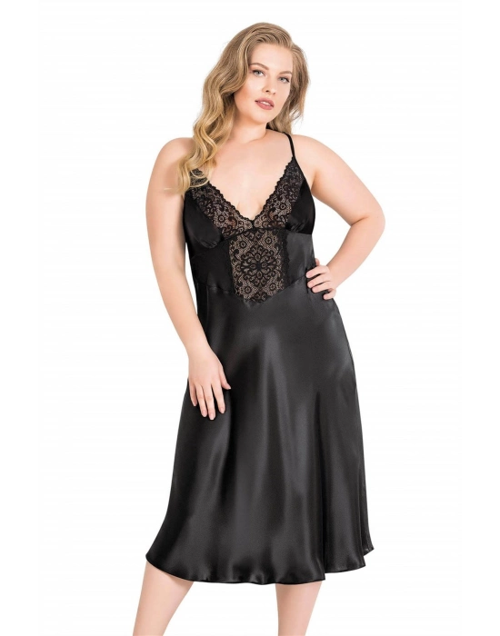 Büyük Beden Siyah Uzun Saten Gecelik