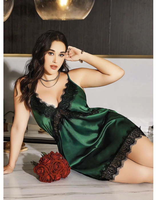 Büyük Beden Yeşil Dantel İşlemeli İnce Askılı Saten Fantezi Gecelik