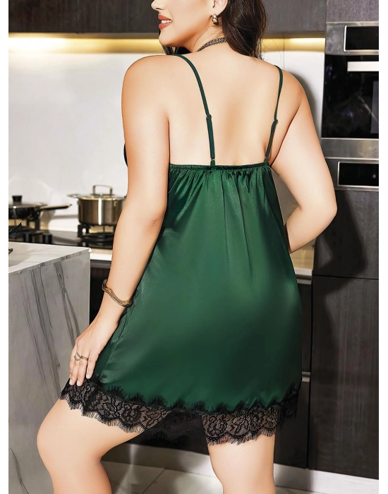 Büyük Beden Yeşil Dantel İşlemeli İnce Askılı Saten Fantezi Gecelik