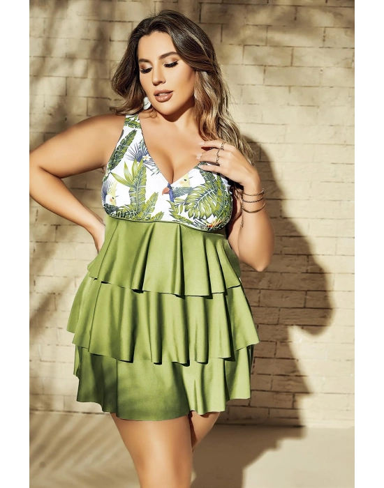 Büyük Beden Yeşil Fırfırlı Yaprak Desenli Kalın Askılı Gecelik