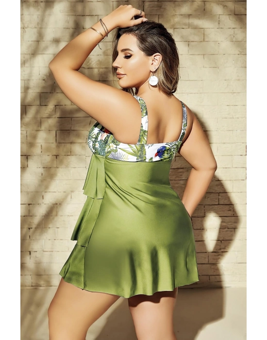 Büyük Beden Yeşil Fırfırlı Yaprak Desenli Kalın Askılı Gecelik