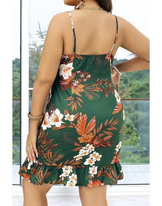 Büyük Beden Yeşil Üstüne Çiçek Desenli İnce Askılı Fırfırlı Gecelik