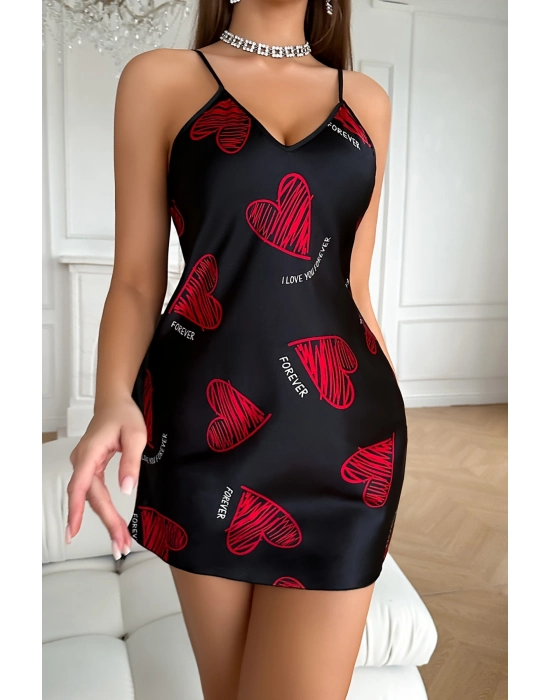 Büyük Kırmızı Kalp Desenli Siyah Saten Gecelik