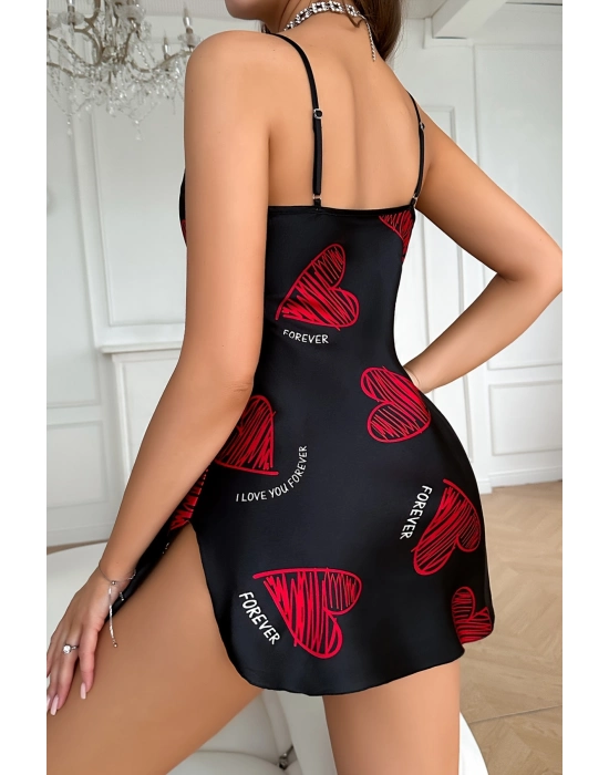 Büyük Kırmızı Kalp Desenli Siyah Saten Gecelik