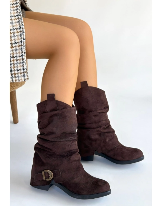 Canty Kahverengi Süet Körüklü Topuklu Çizme - Bamido