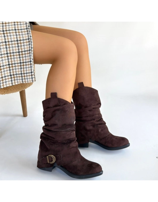 Canty Kahverengi Süet Körüklü Topuklu Çizme - Bamido