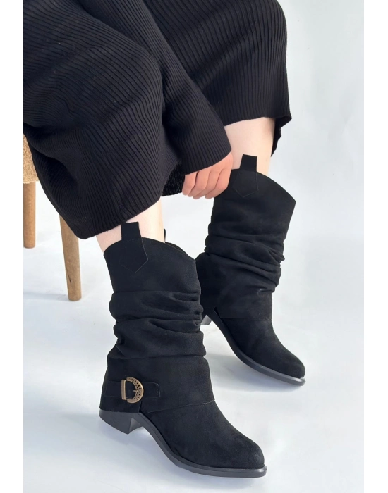 Canty Siyah Süet Körüklü Topuklu Çizme - Bamido