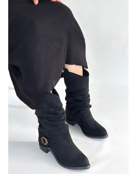 Canty Siyah Süet Körüklü Topuklu Çizme - Bamido