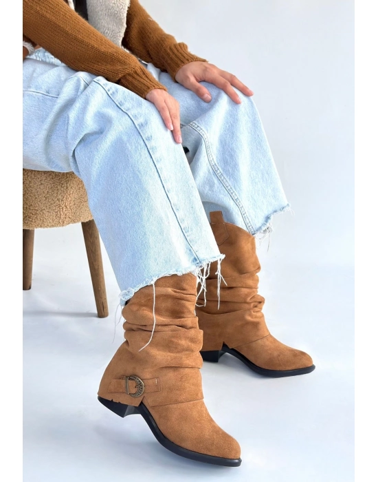 Canty Taba Süet Körüklü Topuklu Çizme - Bamido