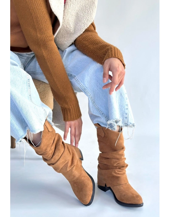 Canty Taba Süet Körüklü Topuklu Çizme - Bamido