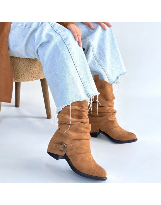 Canty Taba Süet Körüklü Topuklu Çizme - Bamido