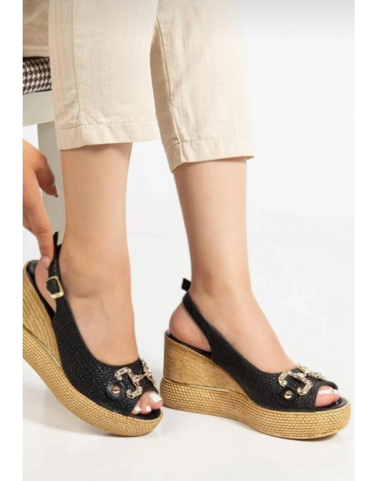 Caver Siyah Cilt Dolgu Topuk Sandalet - Bamido