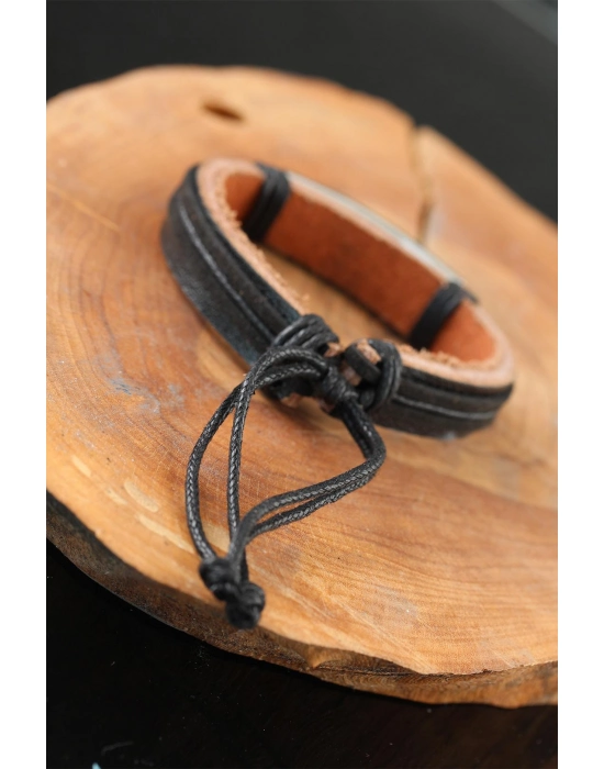 Çelik Aksesuarlı Siyah Renk Deri Erkek Bileklik - Bamido