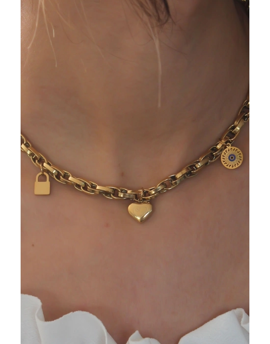 Çelik Gold Renk Kalın Zincir Model Kalp Figür Kadın Kolye - Bamido