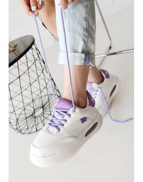 Chris Beyaz Cilt Lila Detaylı Bağcıklı Spor Ayakkabı - Bamido