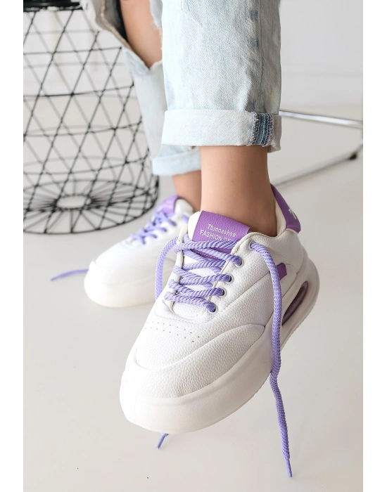 Chris Beyaz Cilt Lila Detaylı Bağcıklı Spor Ayakkabı - Bamido