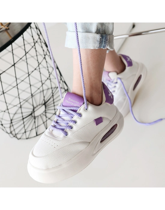 Chris Beyaz Cilt Lila Detaylı Bağcıklı Spor Ayakkabı - Bamido