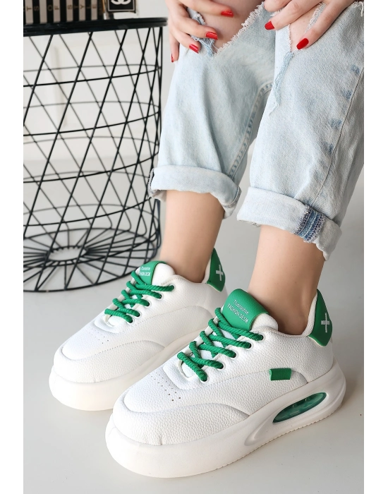 Chris Beyaz Cilt Yeşil Detaylı Bağcıklı Spor Ayakkabı - Bamido