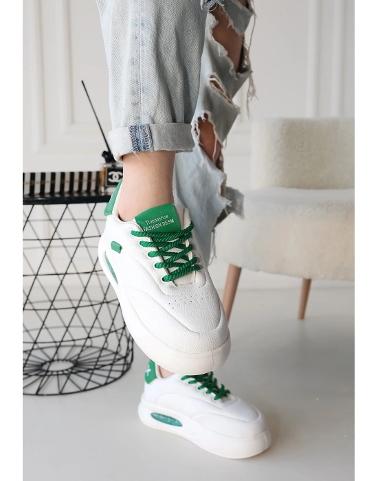 Chris Beyaz Cilt Yeşil Detaylı Bağcıklı Spor Ayakkabı - Bamido