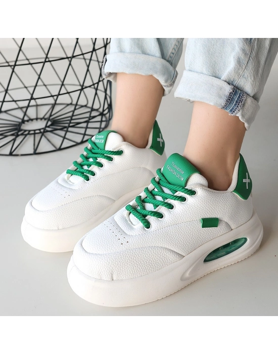 Chris Beyaz Cilt Yeşil Detaylı Bağcıklı Spor Ayakkabı - Bamido