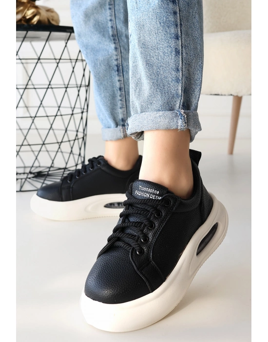 Chris Siyah Cilt Bağcıklı Spor Ayakkabı - Bamido