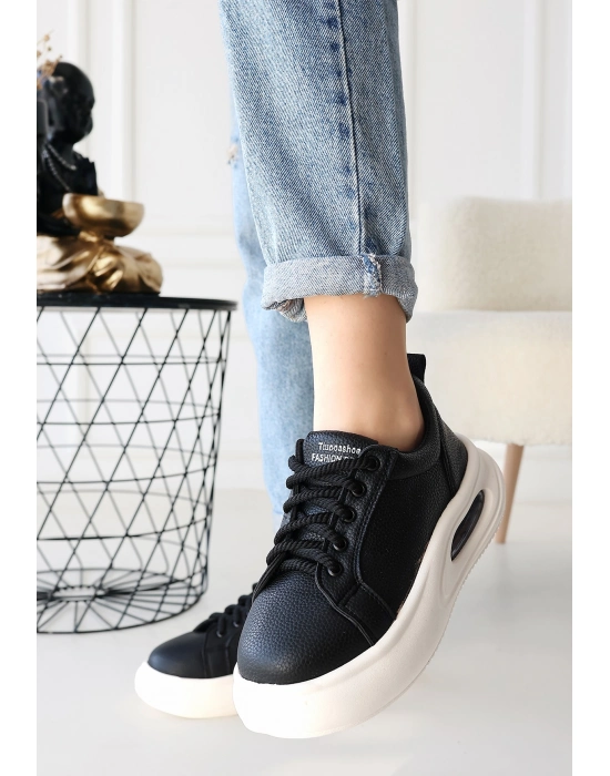 Chris Siyah Cilt Bağcıklı Spor Ayakkabı - Bamido