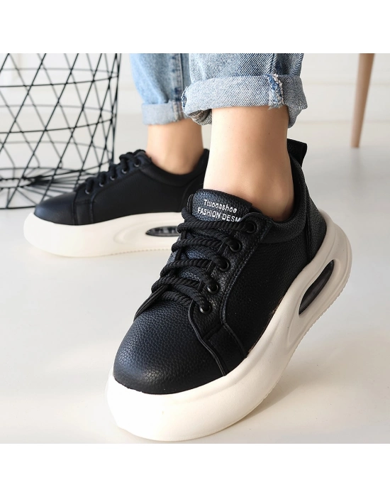 Chris Siyah Cilt Bağcıklı Spor Ayakkabı - Bamido