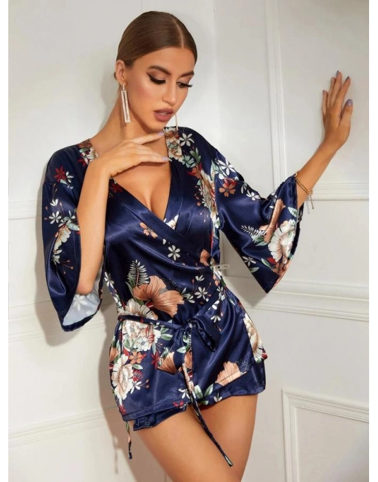 Çiçek Desenli Mavi Mini Saten Gecelik Sabahlık