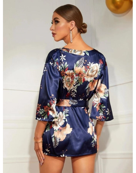 Çiçek Desenli Mavi Mini Saten Gecelik Sabahlık