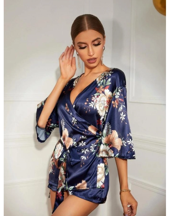 Çiçek Desenli Mavi Mini Saten Gecelik Sabahlık