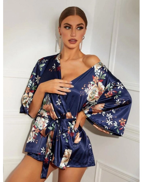 Çiçek Desenli Mavi Mini Saten Gecelik Sabahlık